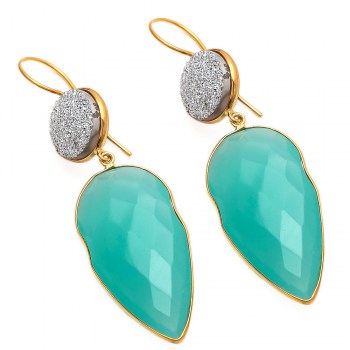 Vergulde oorbellen druzy Agaat en aqua Chalcedoon