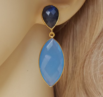 Vergulde oorbellen met marquise blauw Chalcedoon en Labradoriet