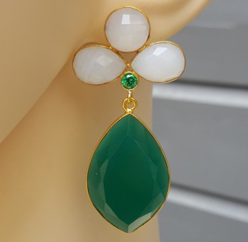 Vergulde oorbellen wit Chalcedoon, groene Onyx en groene quartz