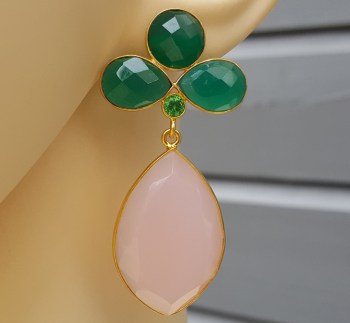 Vergulde oorbellen roze Chalcedoon, groene Onyx en groene quartz