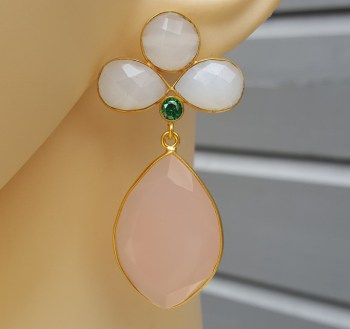Vergulde oorbellen met wit en roze Chalcedoon en groene quartz