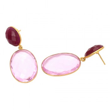 Vergulde oorbellen gezet met Robijn en roze quartz