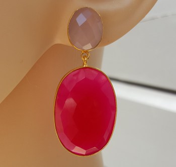 Vergulde oorbellen met roze Chalcedoon en fuchsia roze Chalcedoo