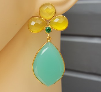 Vergulde oorbellen met gele en Chrysopraas groene Chalcedoon