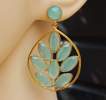 Vergulde oorbellen met ronde en marquise aqua Chalcedoon