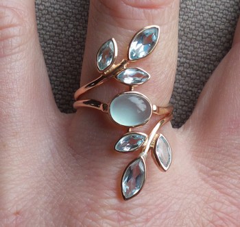 Vergulde zilveren ring met blauw Chalcedoon en Topaas 18 mm