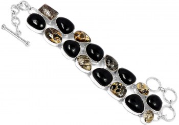 Zilveren armband met Turitella Agaat, Toermalijnkwarts en Onyx