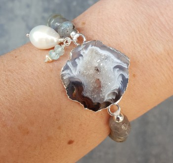 Zilveren armband Agaat Geode, Labradoriet, Parel en Aquamarijn