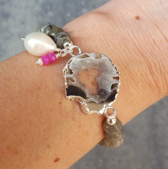 Zilveren armband Agaat Geode, Labradoriet, Parel en Chalcedoon