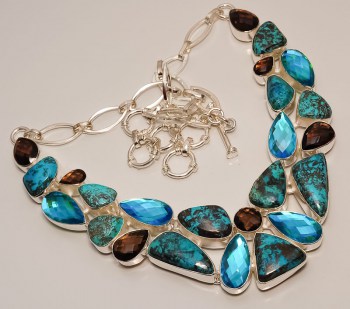 Zilveren edelsteen ketting Chrysocolla en blauw Topaas