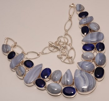 Zilveren edelsteen ketting blauw Lace Agaat en Saffier