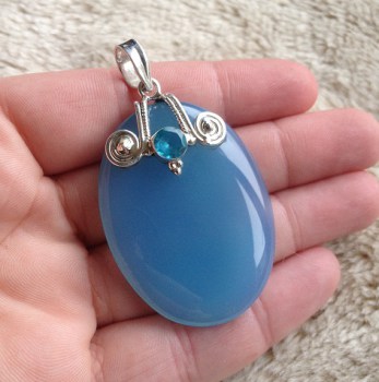 Zilveren edelsteen hanger grote Chalcedoon en blauw Topaas