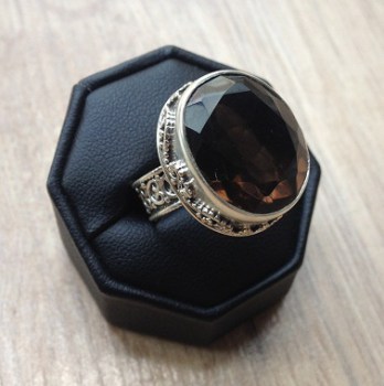 Zilveren edelsteen ring Smokey Topaas vintage setting 18