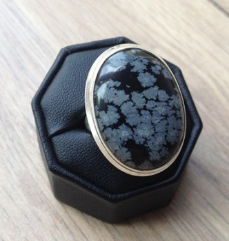 Zilveren edelsteen ring sneeuwvlok Obsidiaan maat 17.3 mm