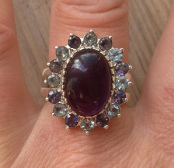 Zilveren edelsteen ring met Amethist, Ioliet en blauw Topaas 18