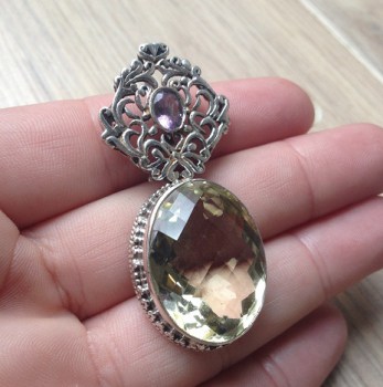 Zilveren edelsteen hanger met Lemon Citrien en Amethist