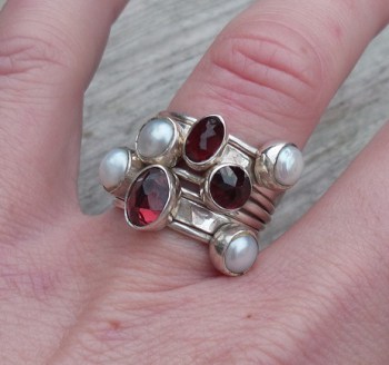 Zilveren edelsteen ringen set met Granaat en Parels 15.7 mm