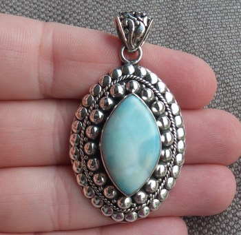 Zilveren hanger marquise Larimar in bewerkte setting