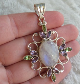 Zilveren hanger gezet met Maansteen, Peridot en Amethist