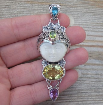 Zilveren hanger met gezicht, Topaas, Amethist en Peridot