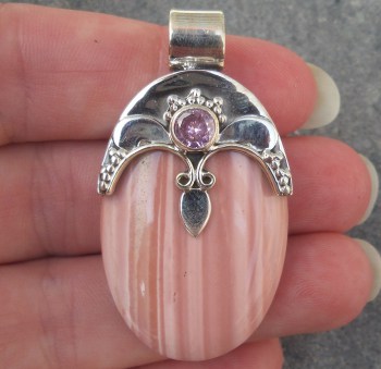 Zilveren hanger met ovale roze Opaal en ronde roze Topaas