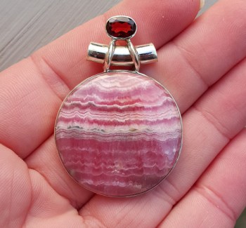 Zilveren hanger gezet met ronde Rhodochrosiet en Granaat