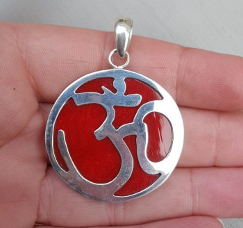 Zilveren hanger met rood Koraal en OM teken