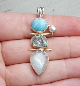 Zilveren hanger met Larimar, Maansteen en ruwe Aquamarijn