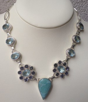 Zilveren ketting met Larimar, blauw Topaas en Ioliet kwarts