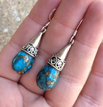 Zilveren oorbellen met koper blauw Turkoois druppel