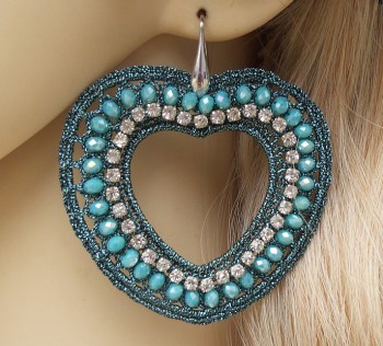 Oorbellen harten van zijdedraad en kristallen blauw /groen