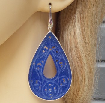 Zilveren oorbellen uitgesneden blauwe Jade druppel in omlijsting