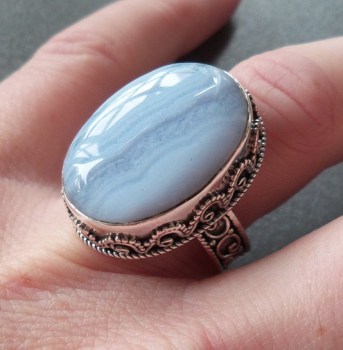 Zilveren ring blauw Lace Agaat en bewerkte setting 17.5 mm