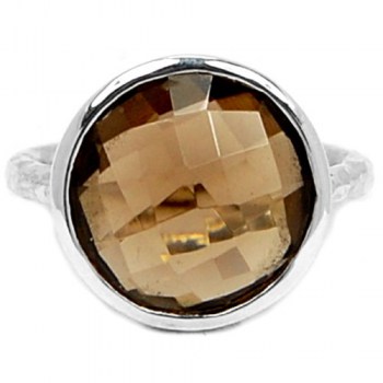 Zilveren ring gezet met ronde facet Smokey Topaas 17.3 mm