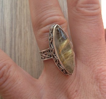 Zilveren ring marquise gouden Rutielkwarts bewerkte setting 16.5