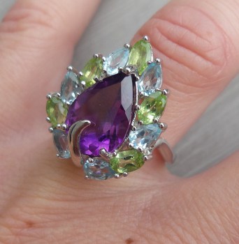 Zilveren ring met Amethist, blauw Topaas en Peridot 16.5 mm