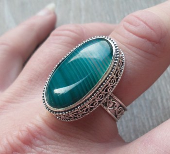 Zilveren ring blauw/groene Botswana Agaat bewerkte setting 17.5