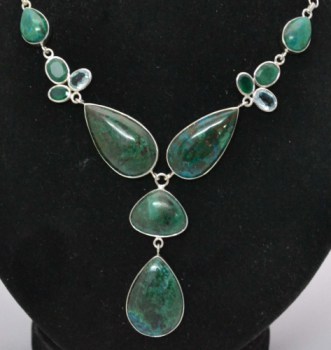 Zilveren ketting met Chrysocolla, Topaas en groene Onyx